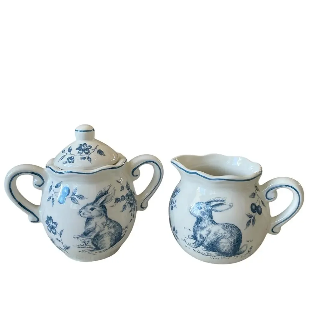 Maxcera Blue Bunny Rabbit Toile Creamer & Sugar Bowl With Lid Easter Ceramic New